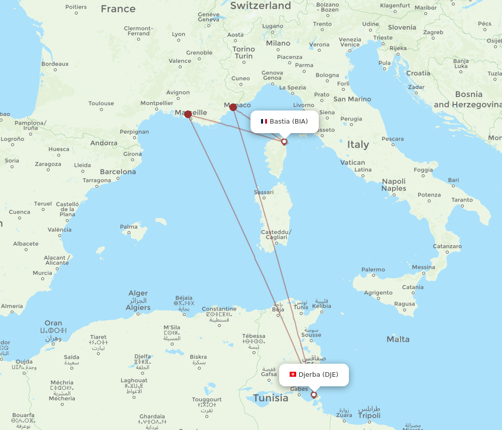 BIA to DJE flights and routes map