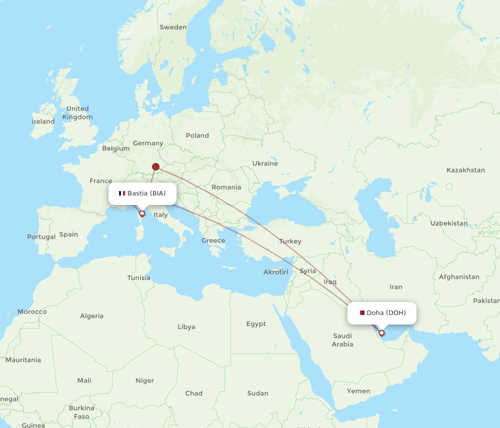 BIA to DOH flights and routes map