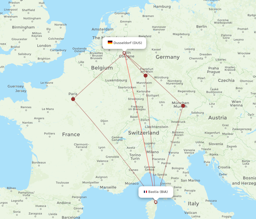 BIA to DUS flights and routes map