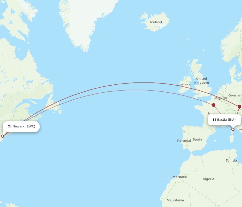 BIA to EWR flights and routes map