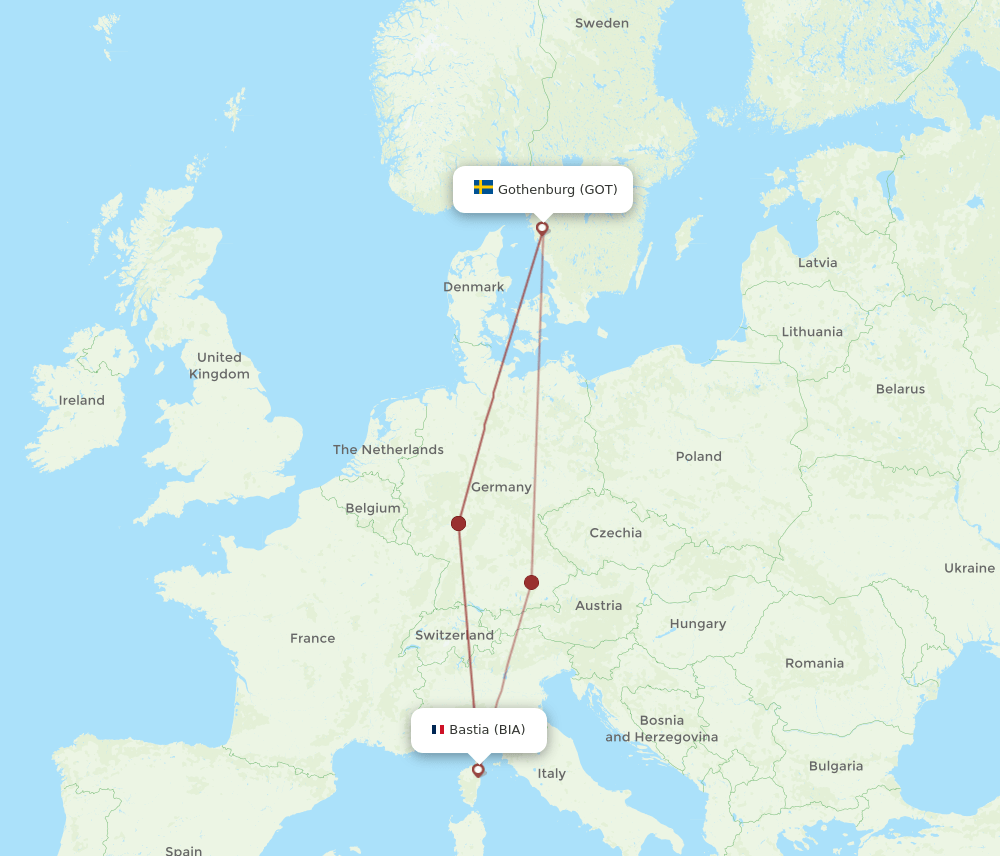 BIA to GOT flights and routes map