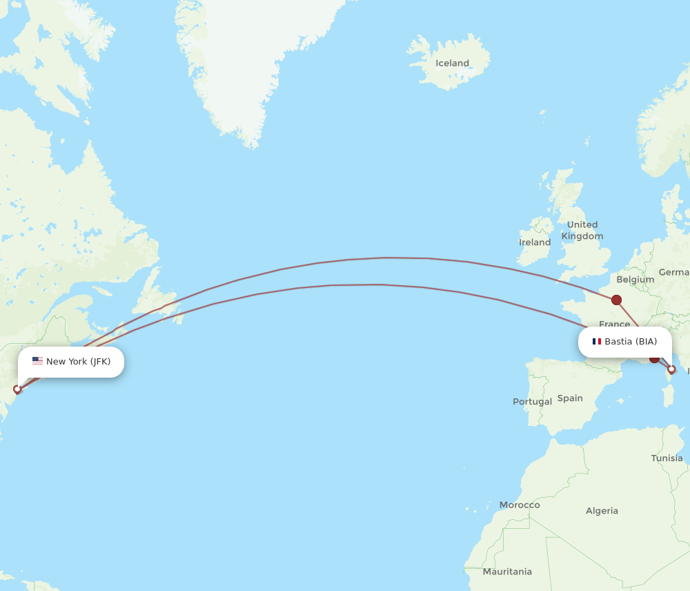 BIA to JFK flights and routes map