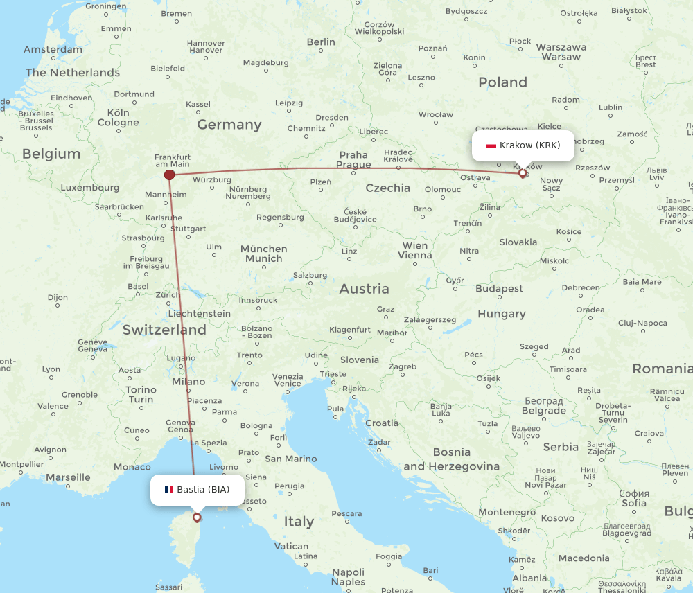 BIA-KRK flight routes