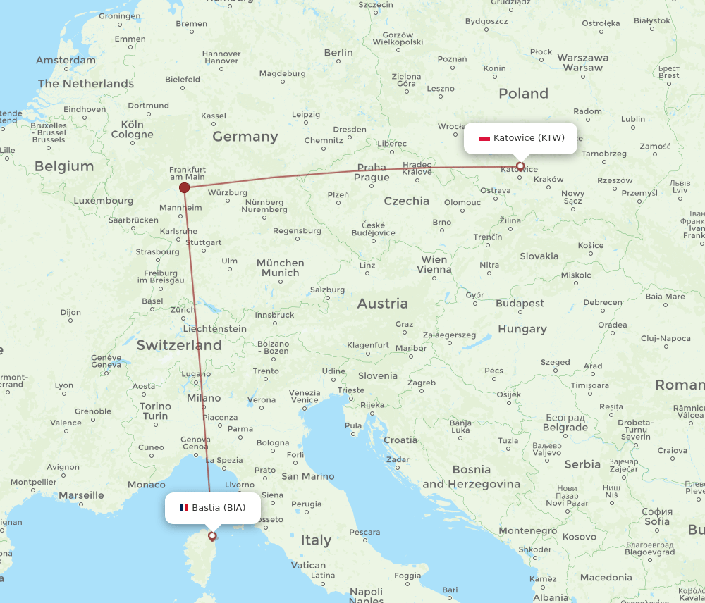 BIA-KTW flight routes