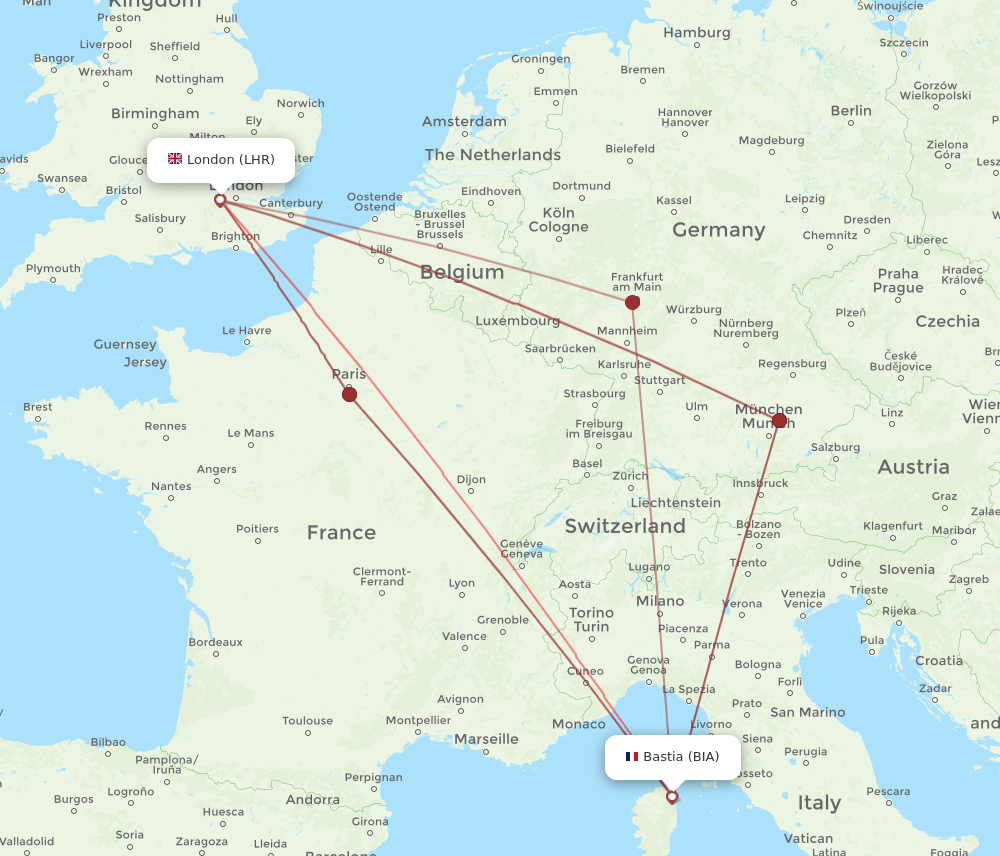 BIA to LHR flights and routes map
