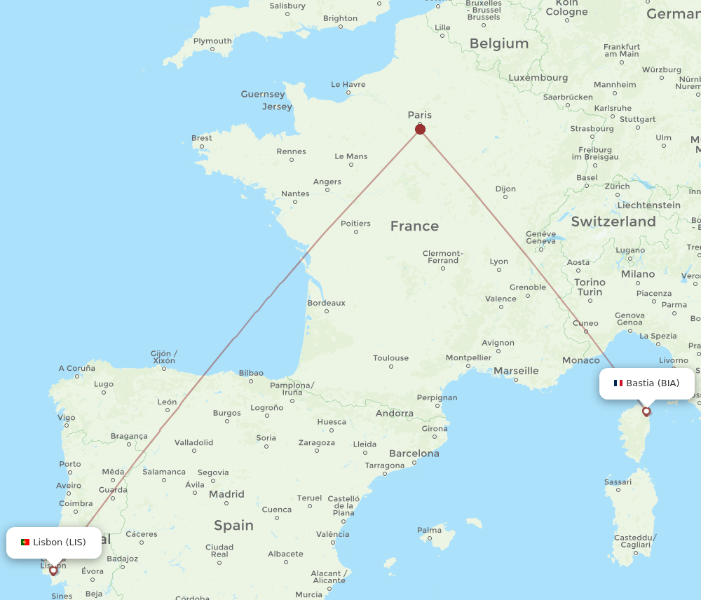 BIA-LIS flight routes