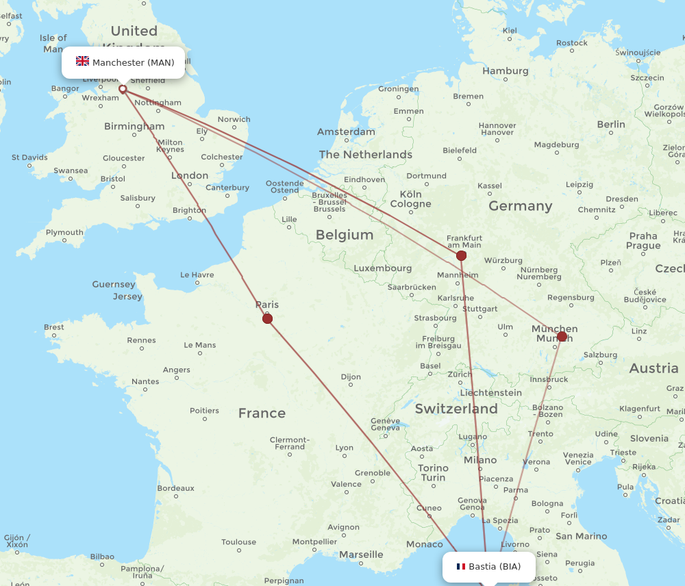 BIA to MAN flights and routes map