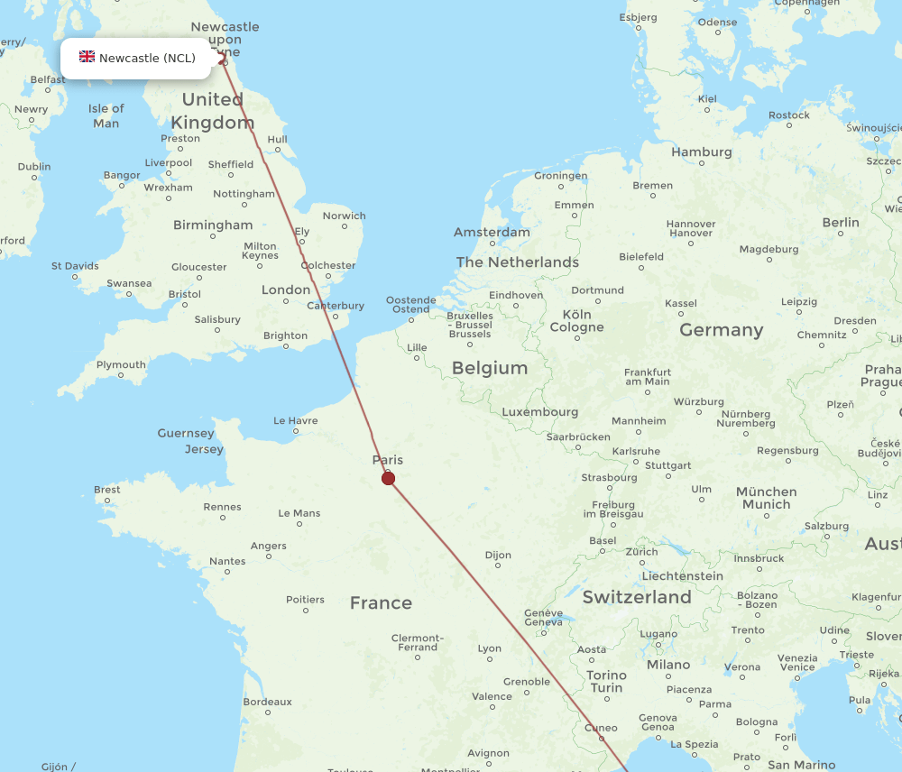 BIA to NCL flights and routes map