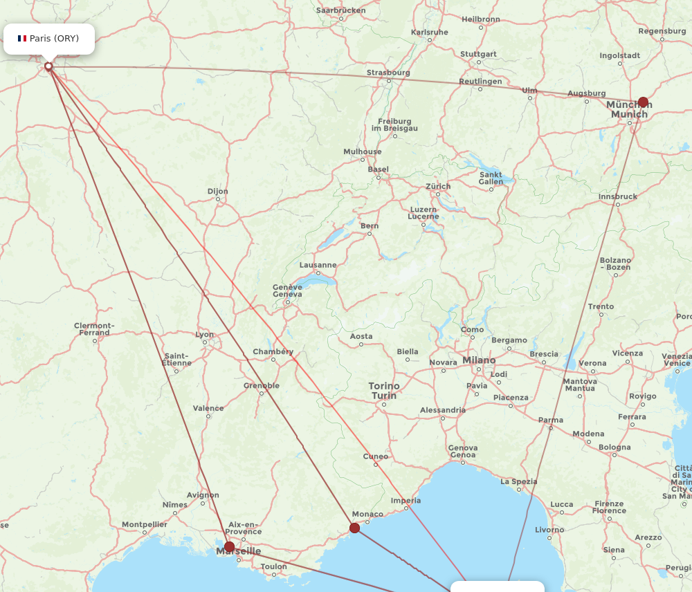 BIA to ORY flights and routes map