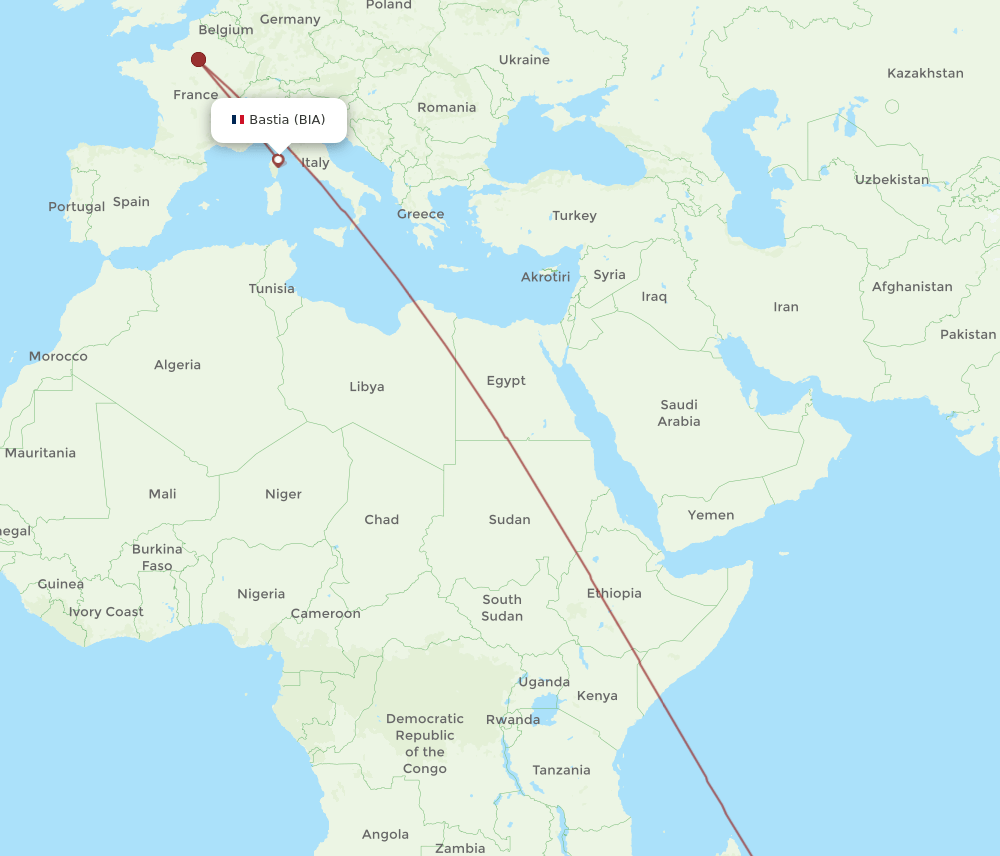 BIA to RUN flights and routes map