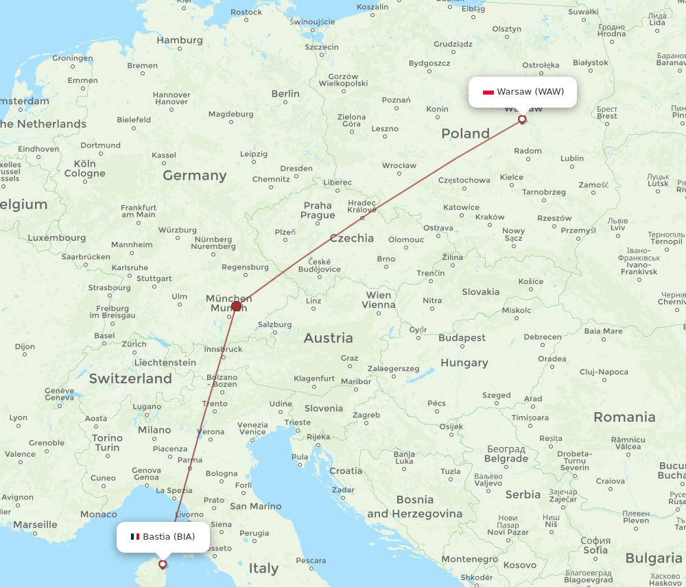 BIA-WAW flight routes