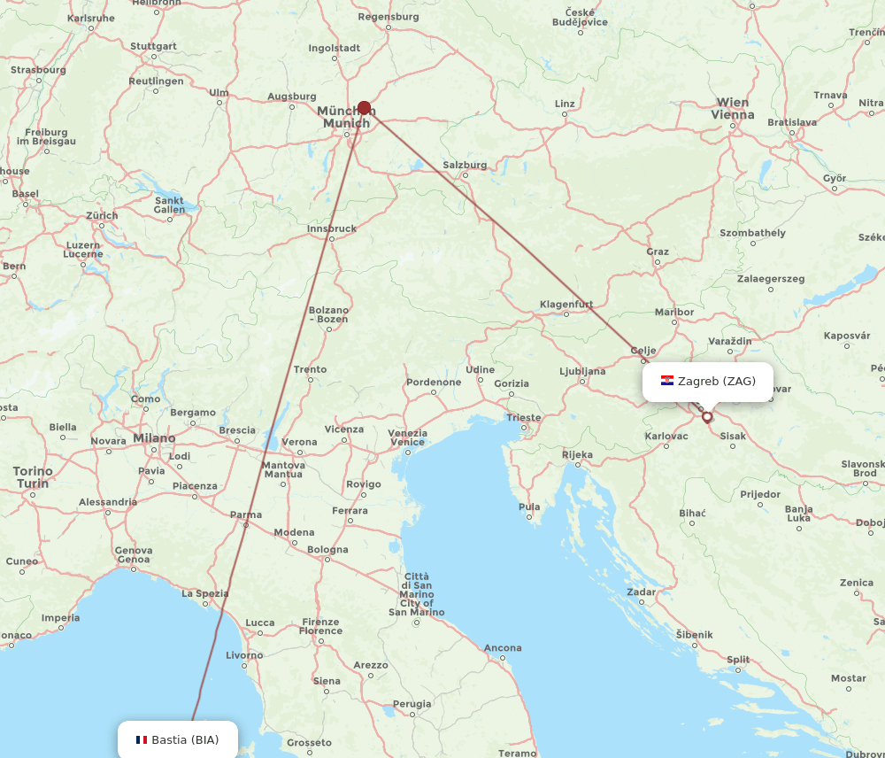 BIA to ZAG flights and routes map