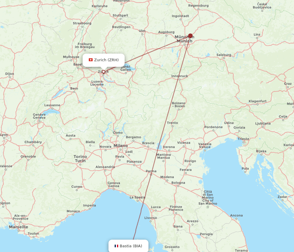 Zurich - Bastia route map and flight paths