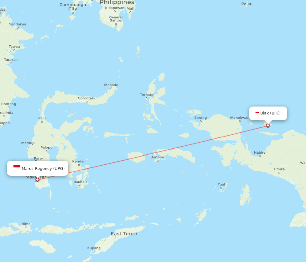 Biak - Ujung Pandang route map and flight paths