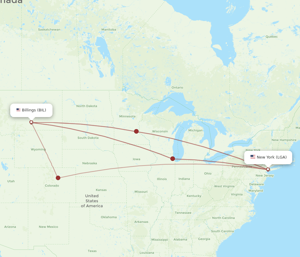 BIL to LGA flights and routes map