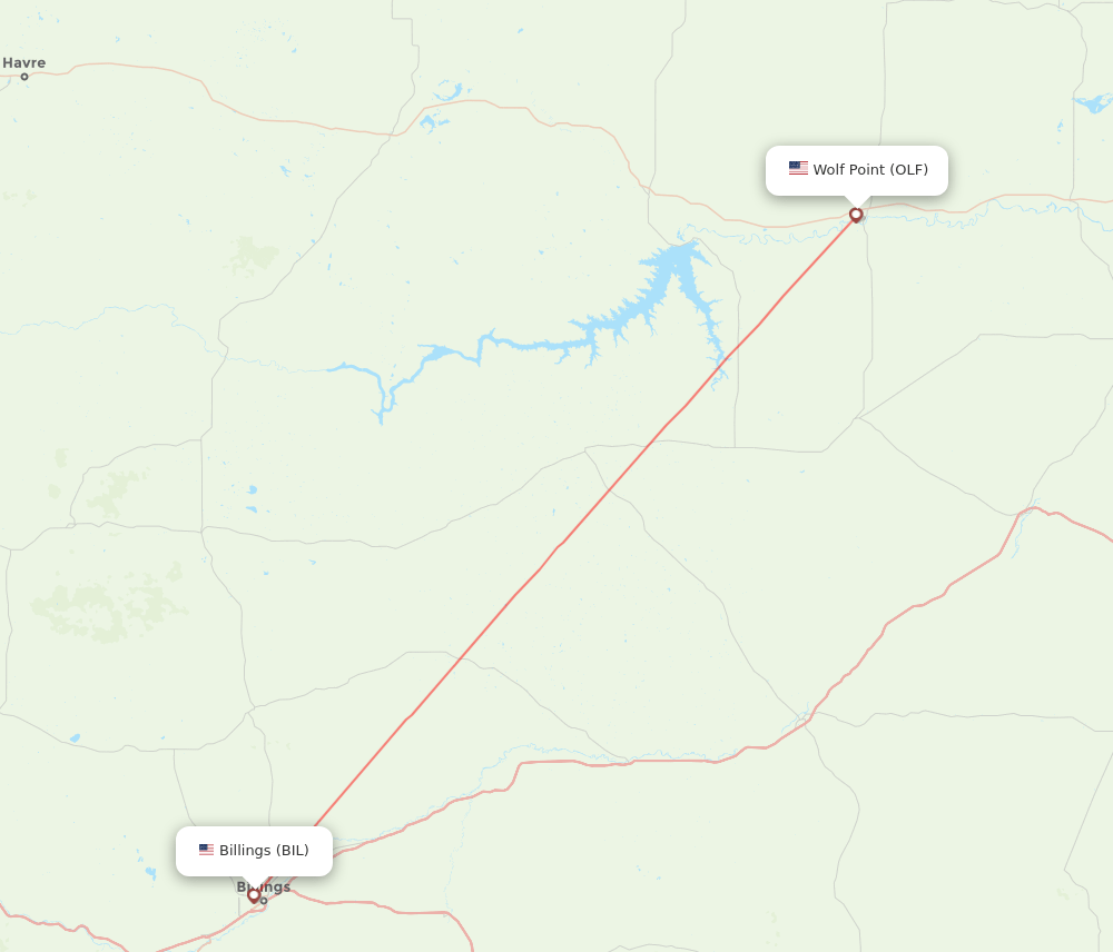 Billings - Wolf Point route map and flight paths