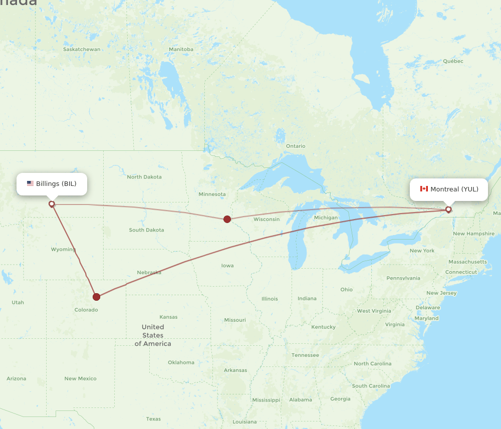 BIL to YUL flights and routes map