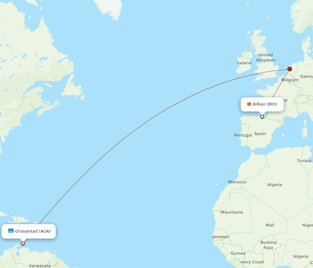 Aruba - Bilbao route map and flight paths