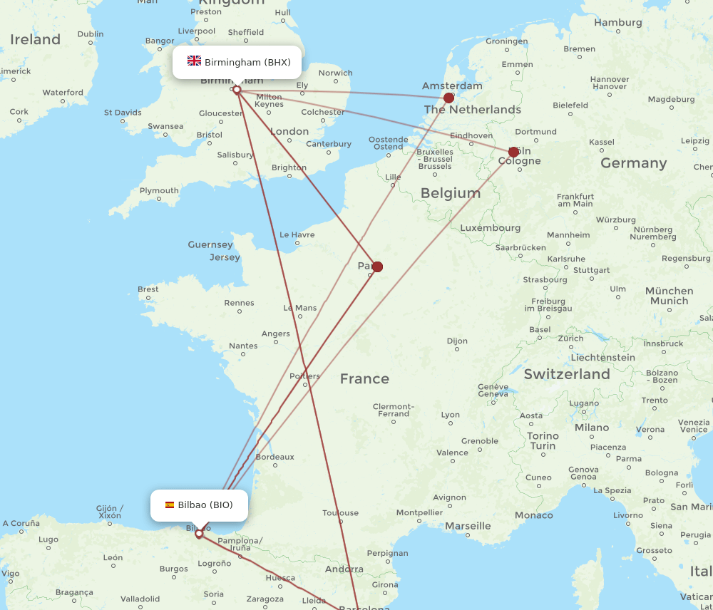 BIO to BHX flights and routes map