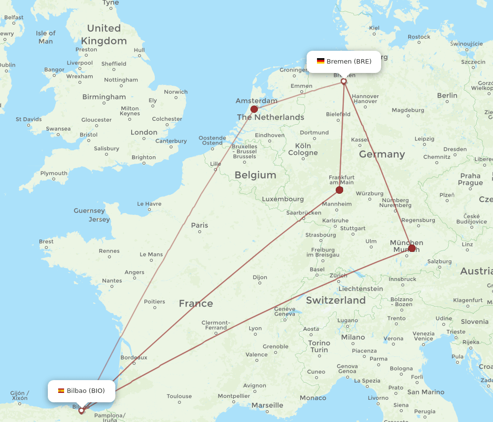 BIO to BRE flights and routes map