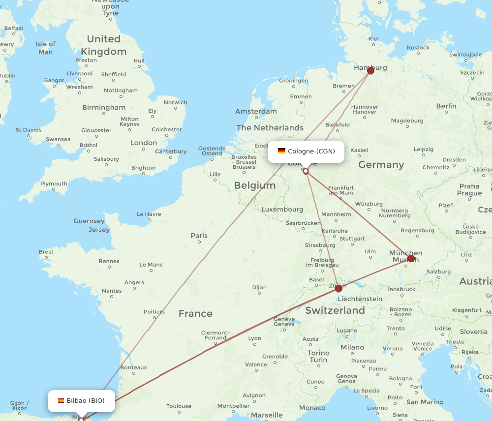 BIO to CGN flights and routes map