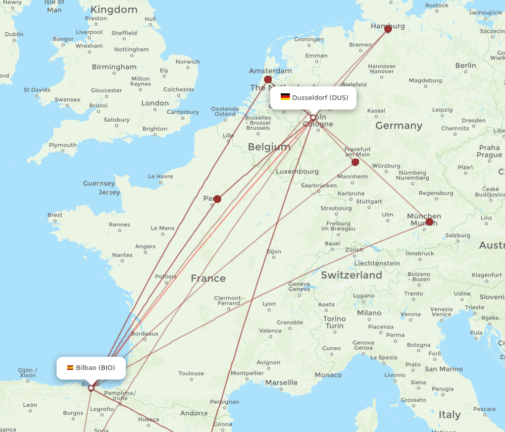 BIO to DUS flights and routes map