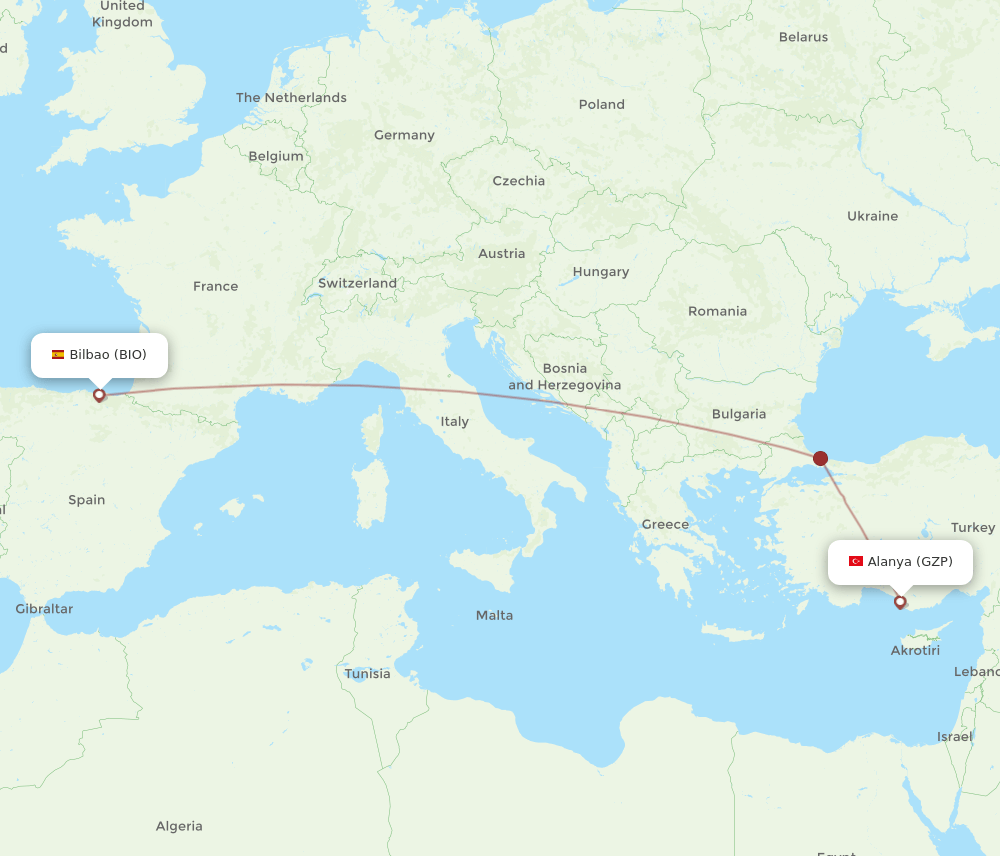 BIO to GZP flights and routes map