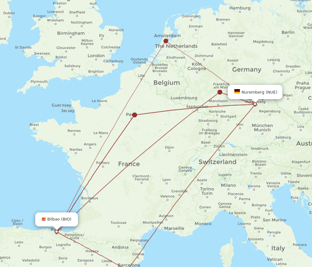 BIO to NUE flights and routes map