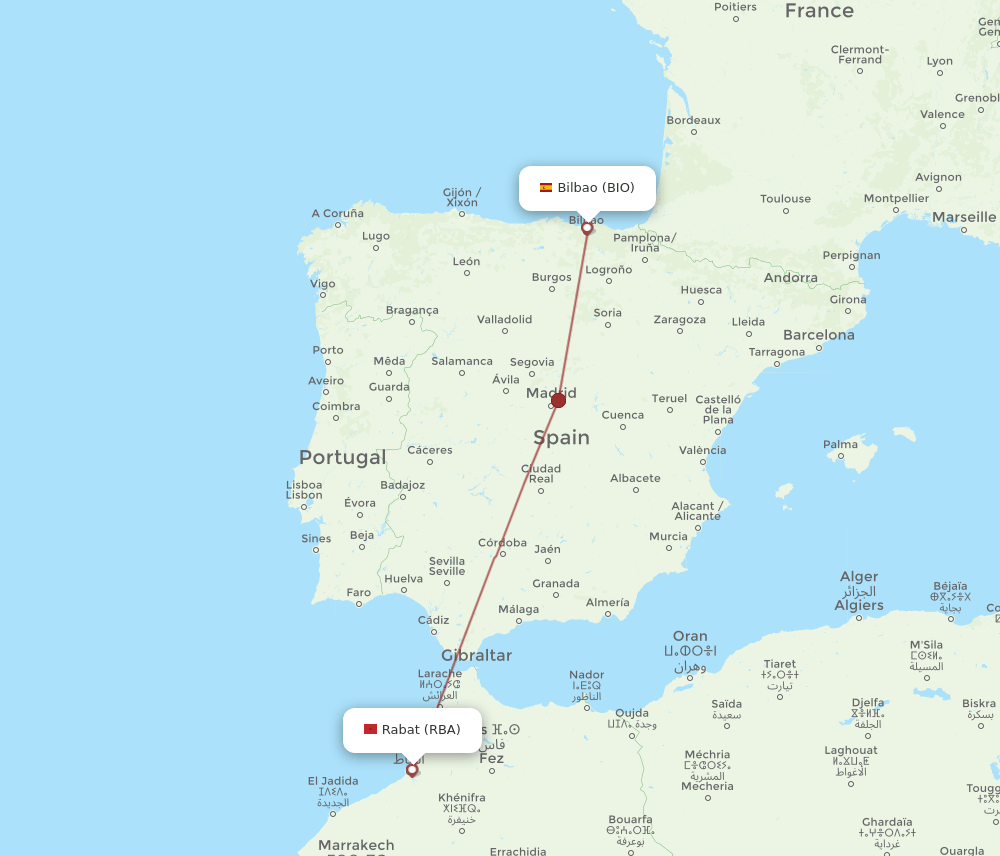 BIO to RBA flights and routes map