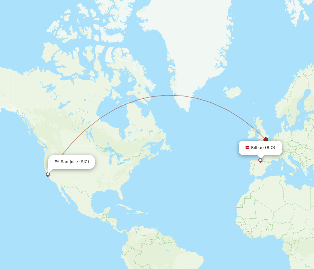 San Jose - Bilbao route map and flight paths