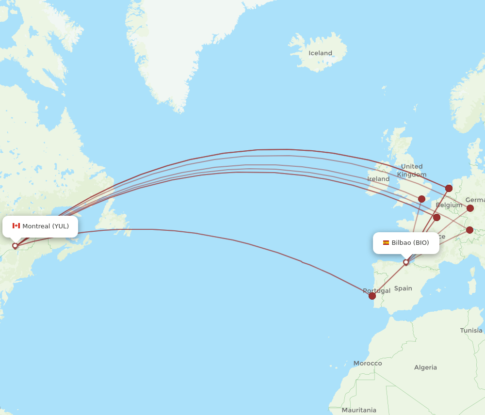 BIO to YUL flights and routes map