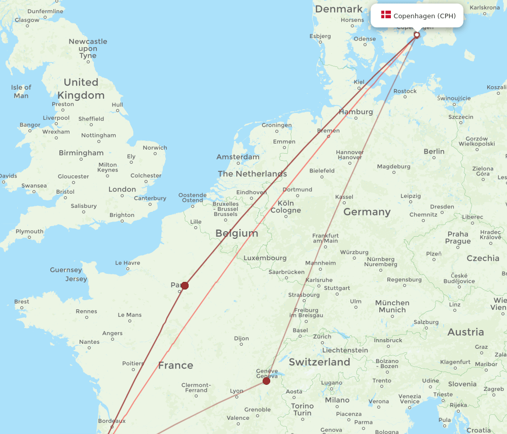 BIQ to CPH flights and routes map