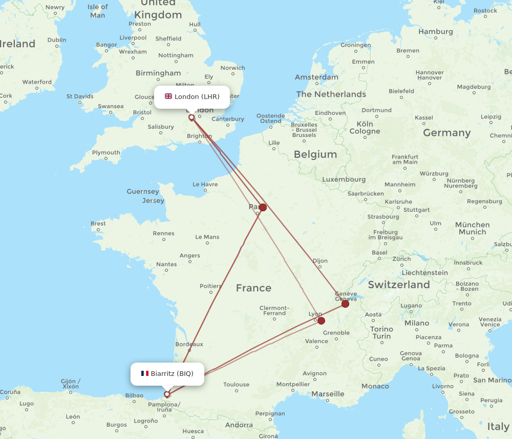 BIQ to LHR flights and routes map