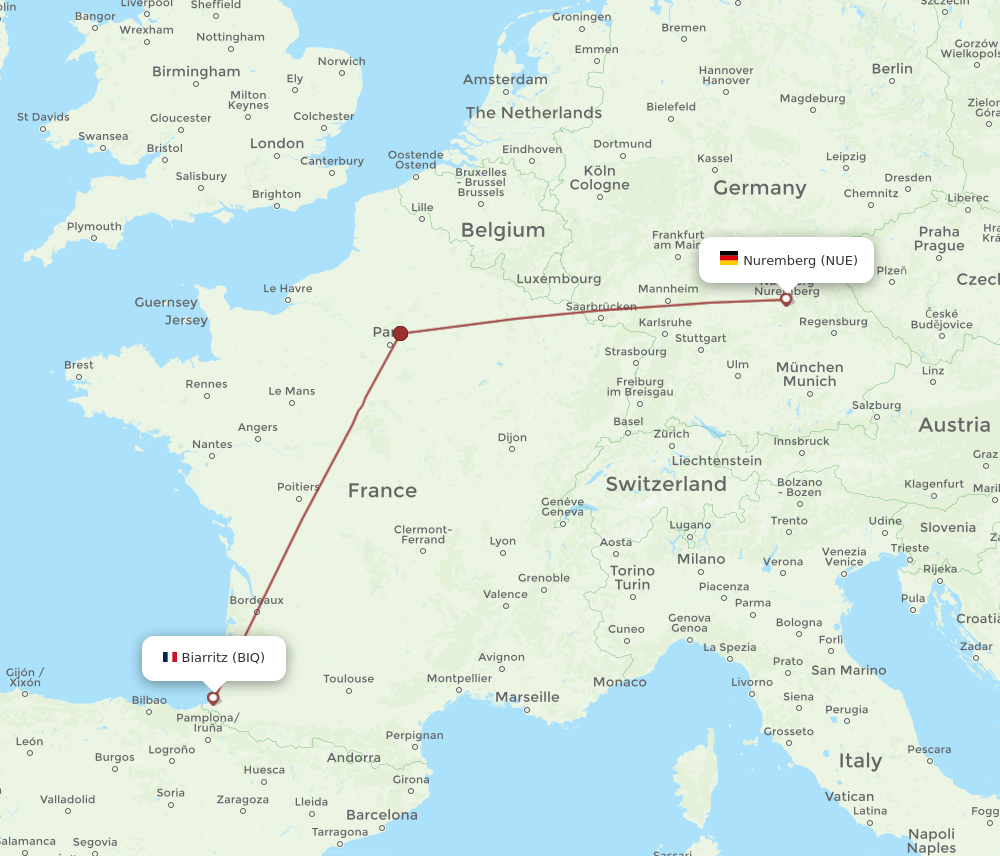 BIQ to NUE flights and routes map