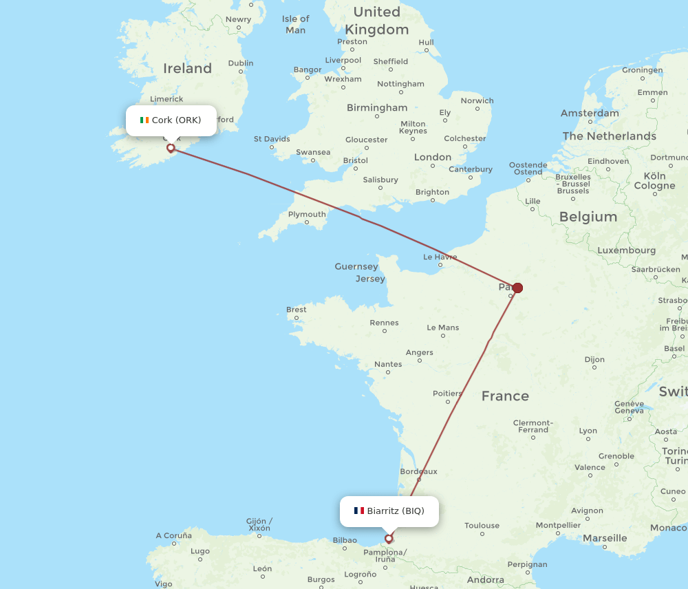 Cork - Biarritz route map and flight paths