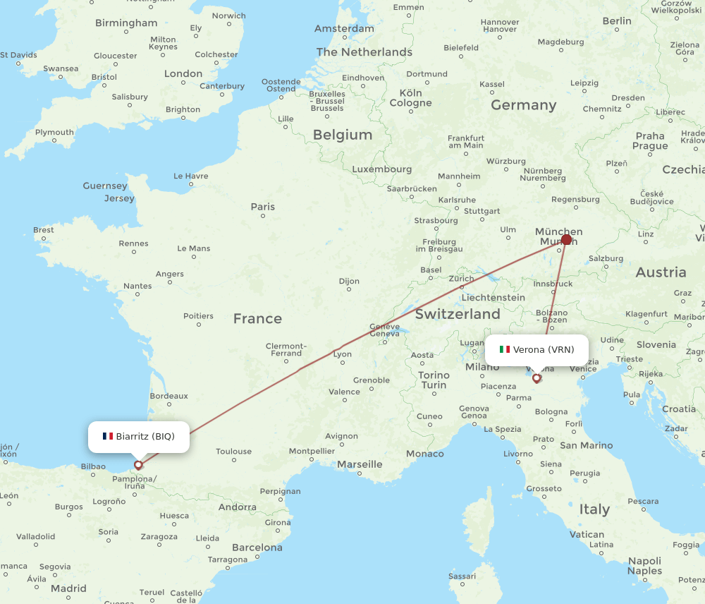 Verona - Biarritz route map and flight paths