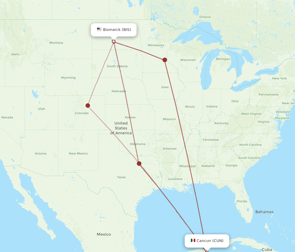 BIS-CUN flight routes