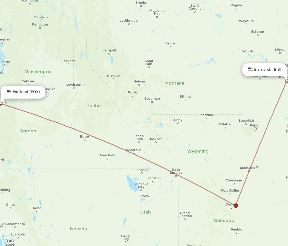 BIS to PDX flights and routes map