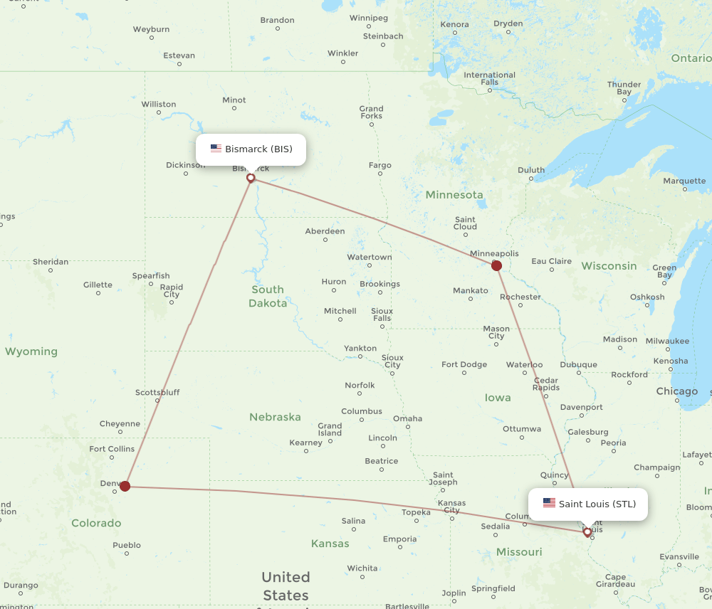 BIS to STL flights and routes map
