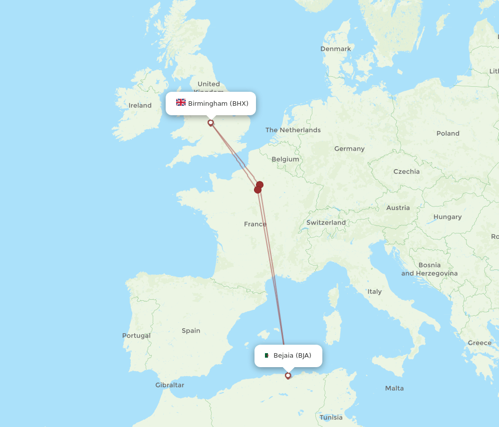 BJA to BHX flights and routes map