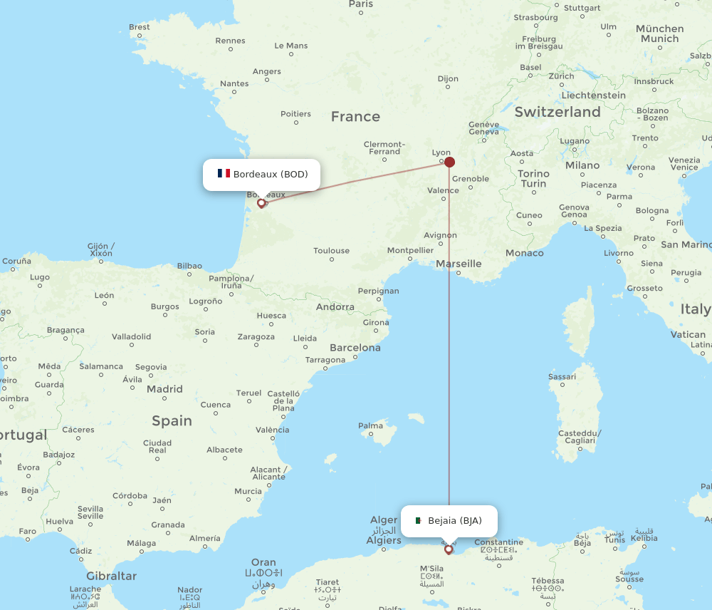 Bordeaux - Bejaia route map and flight paths