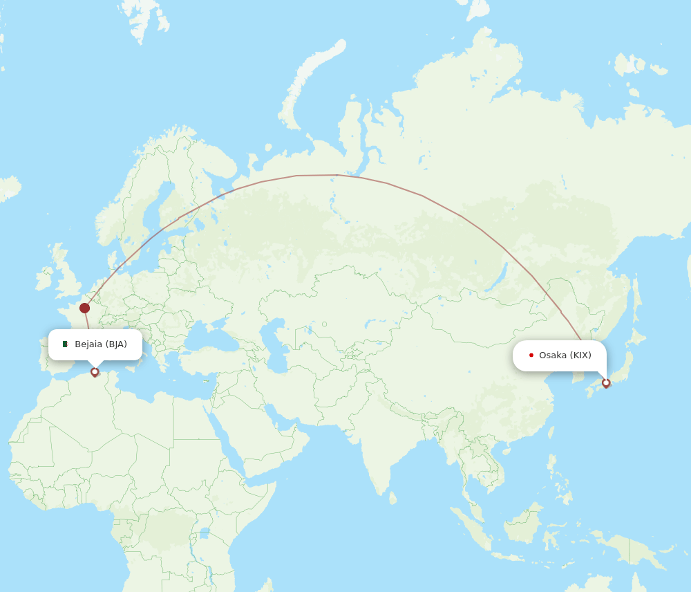 Osaka - Bejaia route map and flight paths