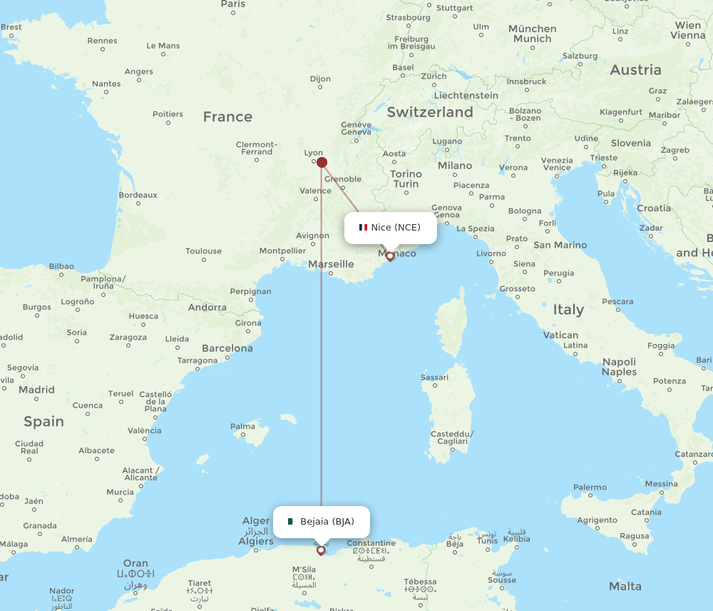 NCE to BJA flights and routes map