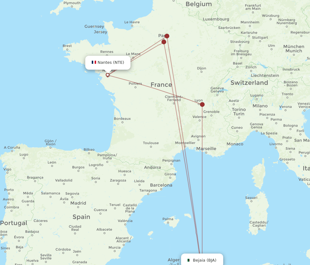 BJA-NTE flight routes