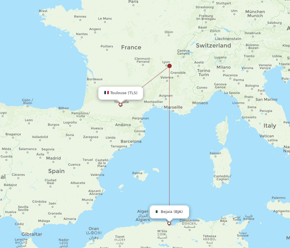 Toulouse - Bejaia route map and flight paths