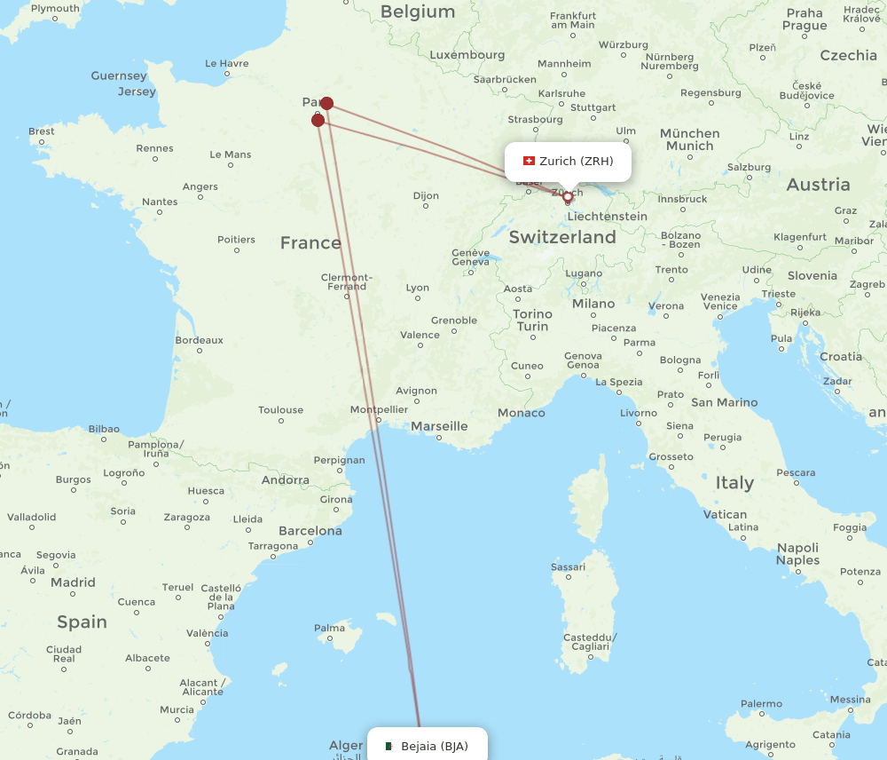 Zurich - Bejaia route map and flight paths