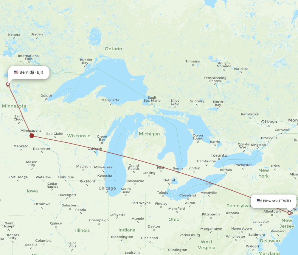 BJI-EWR flight routes
