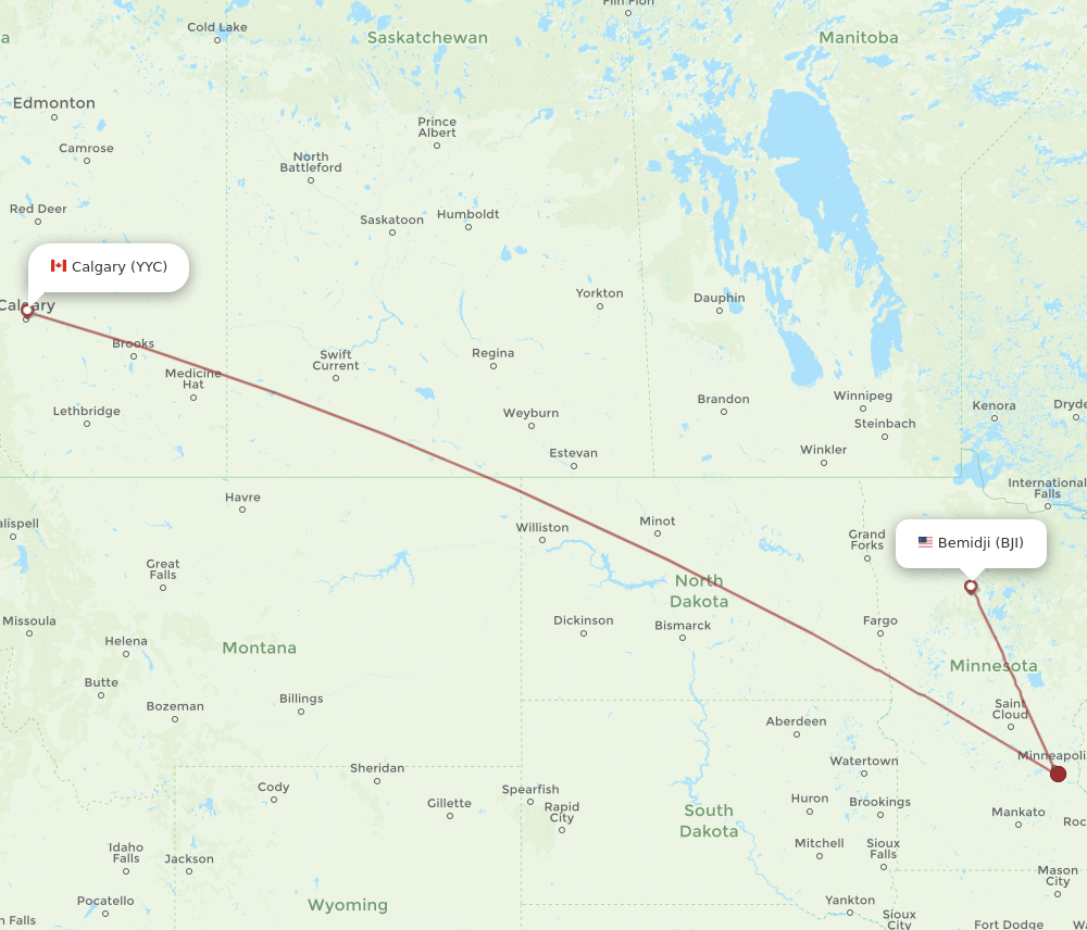 Calgary - Bemidji route map and flight paths