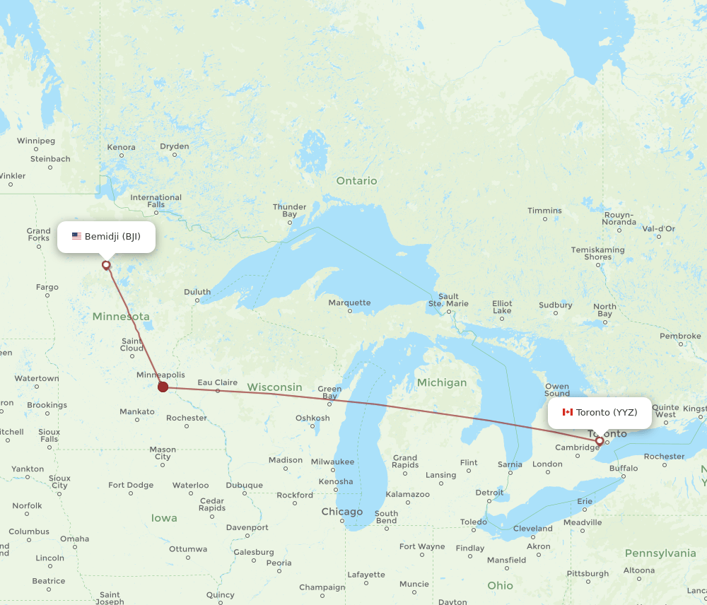 Toronto - Bemidji route map and flight paths
