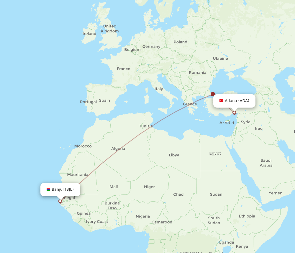 Adana - Banjul route map and flight paths